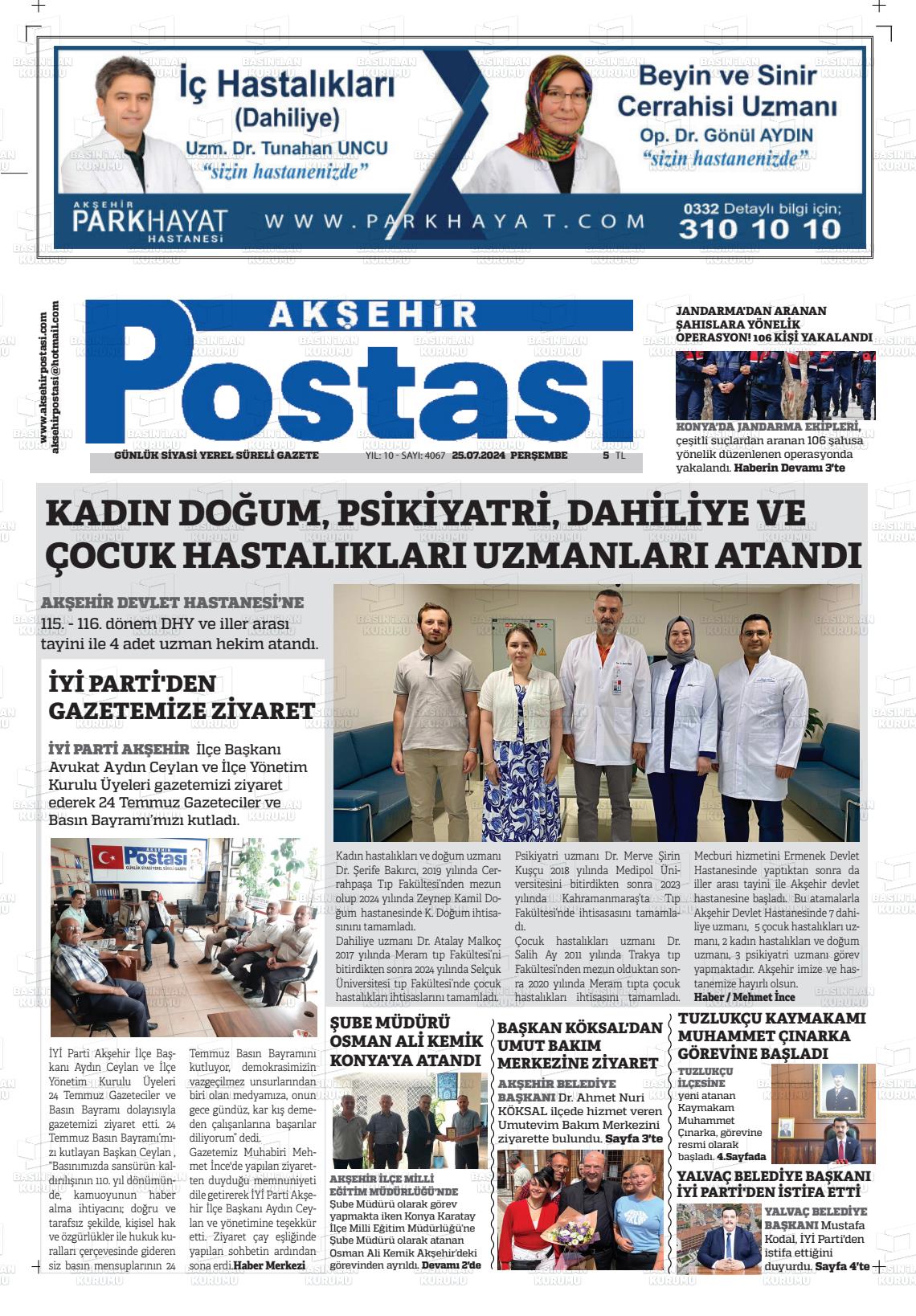 25 Temmuz 2024 Akşehir Postasi Gazete Manşeti