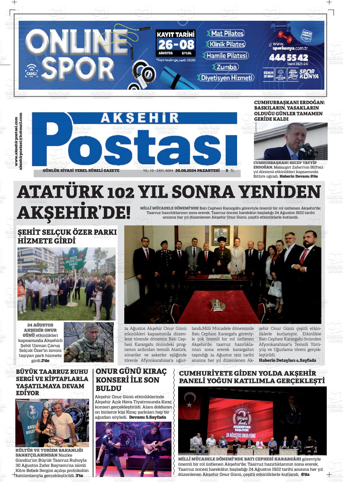 26 Ağustos 2024 Akşehir Postasi Gazete Manşeti