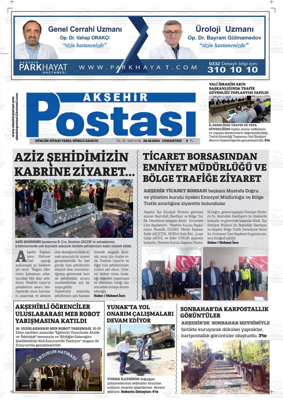 26 Ekim 2024 Akşehir Postasi Gazete Manşeti