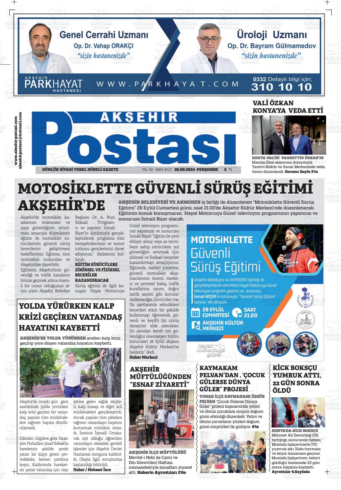 26 Eylül 2024 Akşehir Postasi Gazete Manşeti