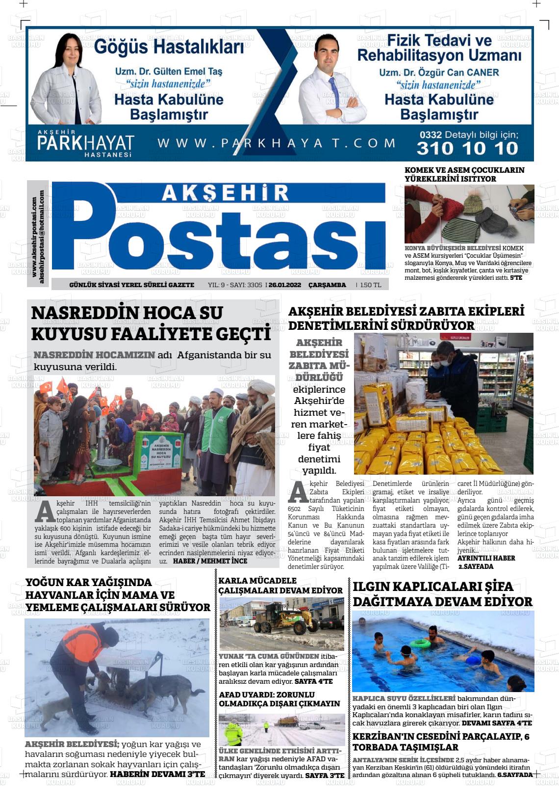 26 Ocak 2022 Akşehir Postasi Gazete Manşeti