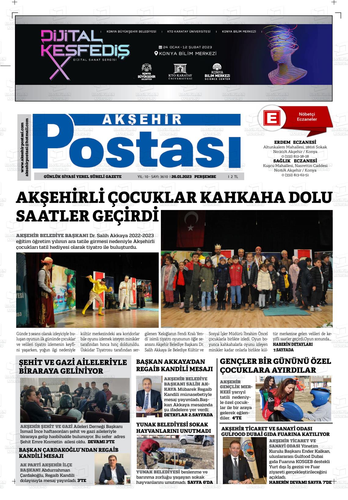 26 Ocak 2023 Akşehir Postasi Gazete Manşeti