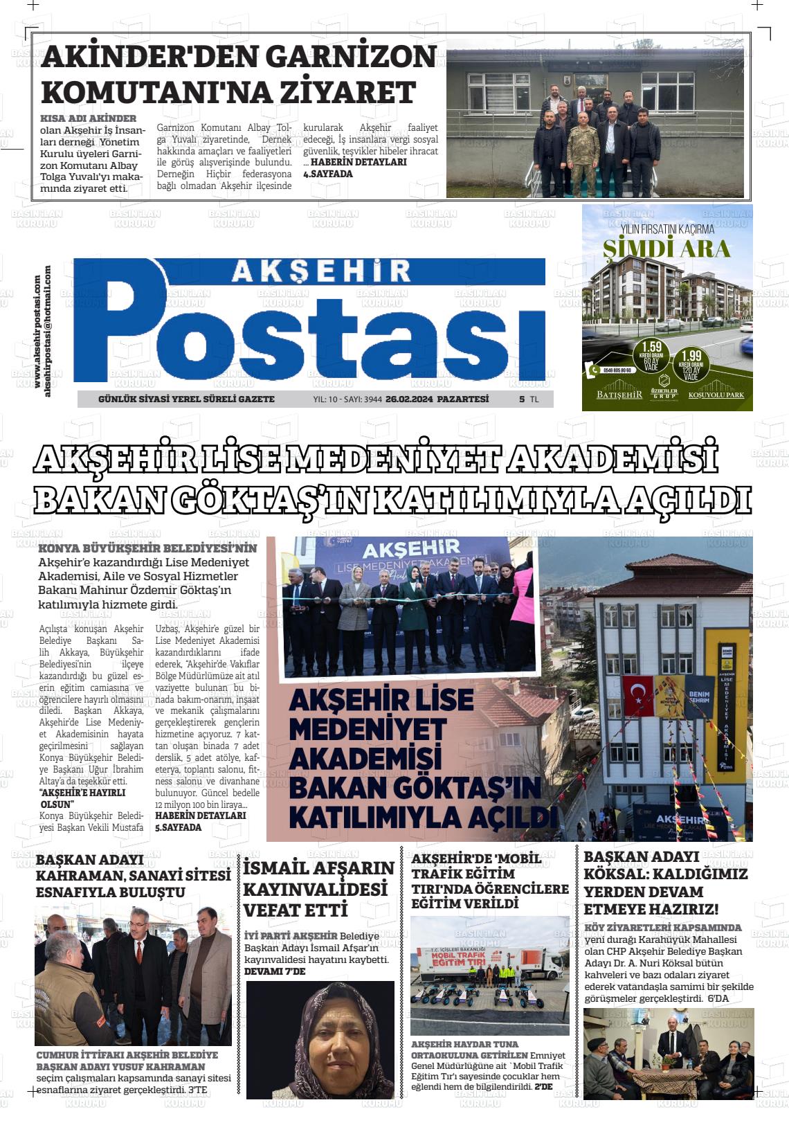 26 Şubat 2024 Akşehir Postasi Gazete Manşeti