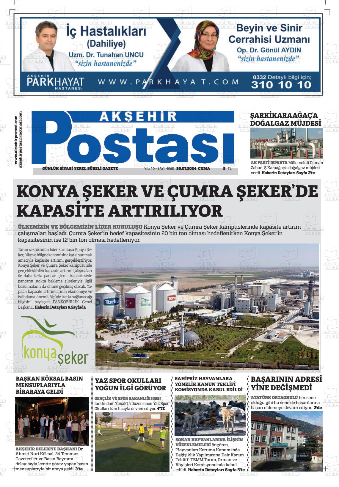 26 Temmuz 2024 Akşehir Postasi Gazete Manşeti