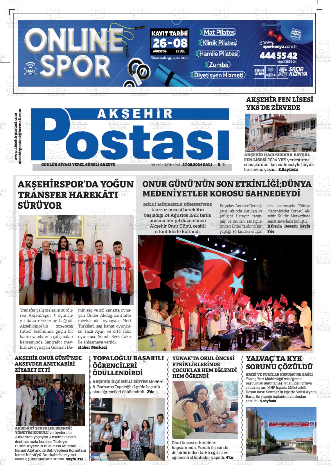 27 Ağustos 2024 Akşehir Postasi Gazete Manşeti