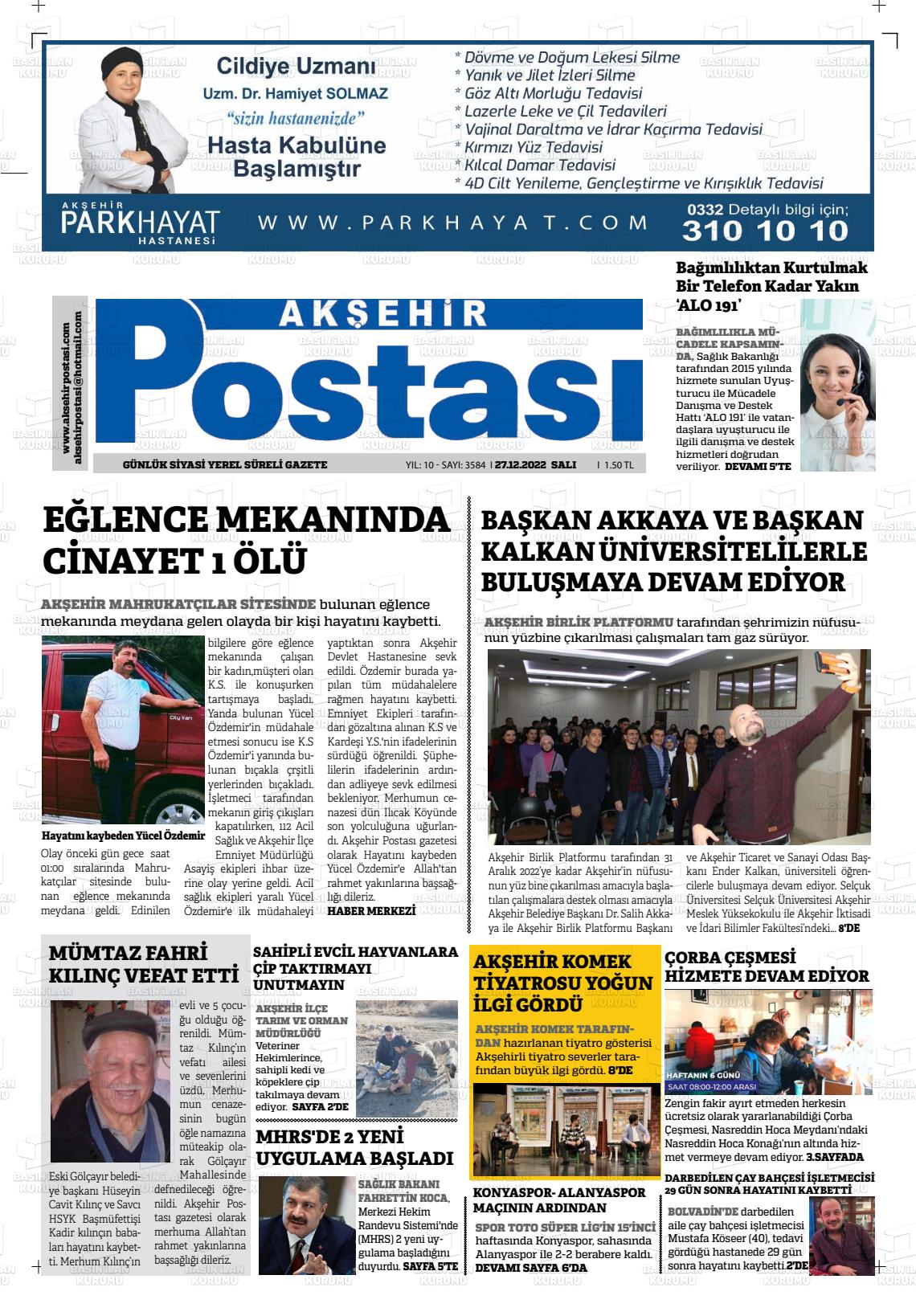 27 Aralık 2022 Akşehir Postasi Gazete Manşeti