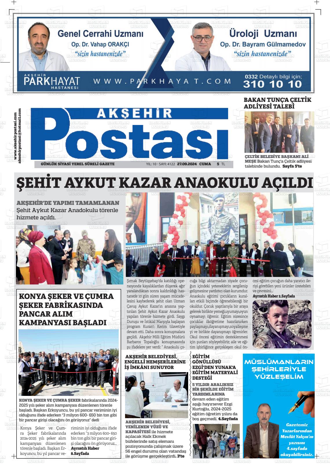 27 Eylül 2024 Akşehir Postasi Gazete Manşeti