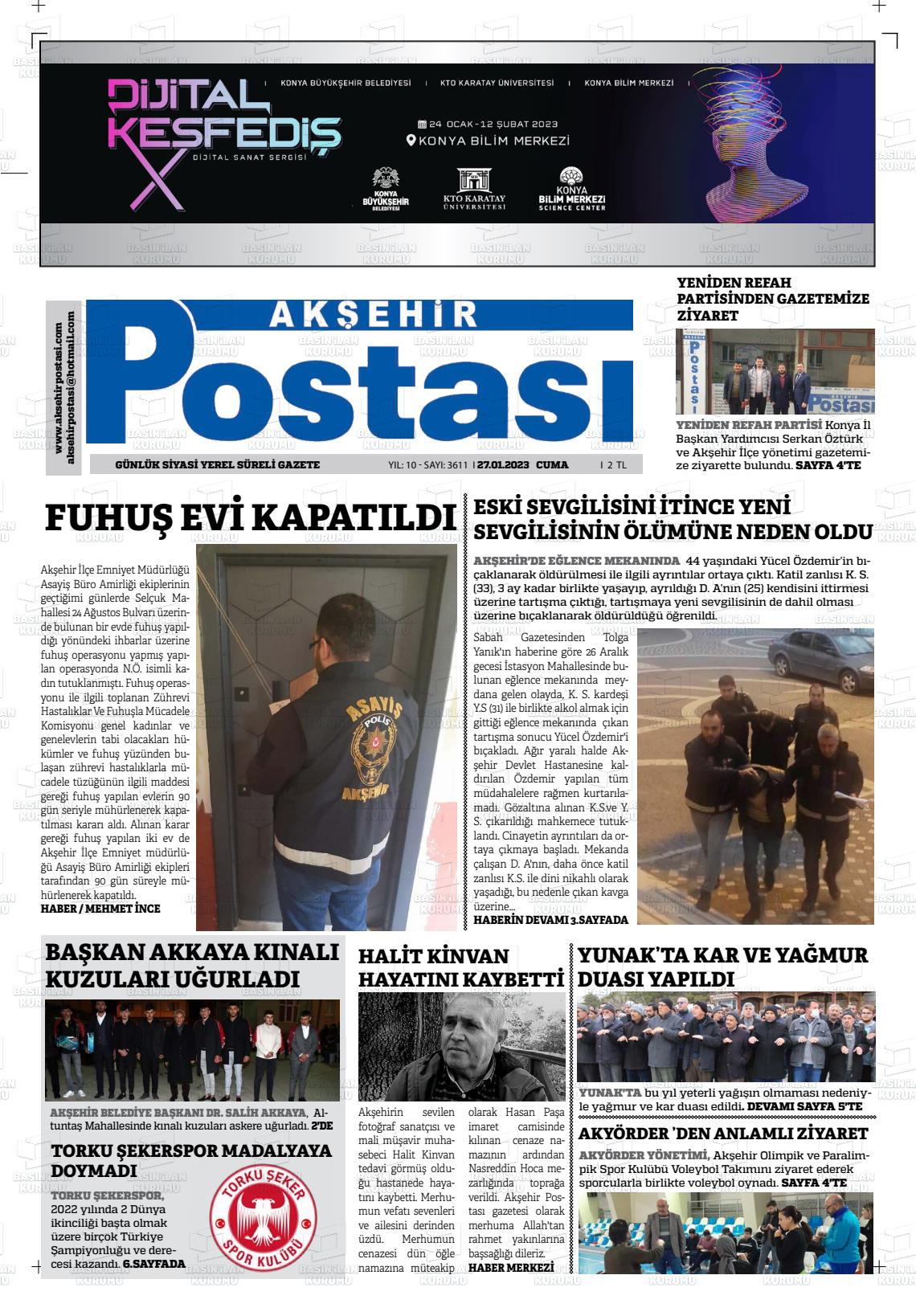 27 Ocak 2023 Akşehir Postasi Gazete Manşeti