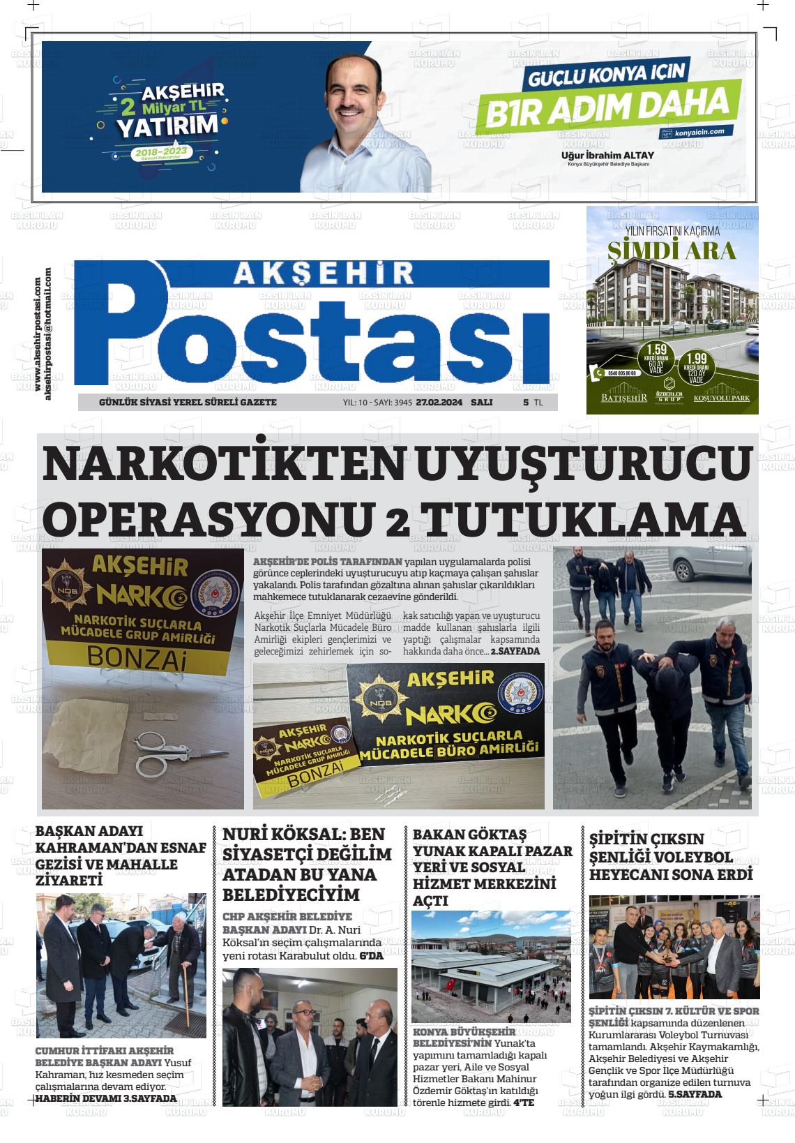 27 Şubat 2024 Akşehir Postasi Gazete Manşeti