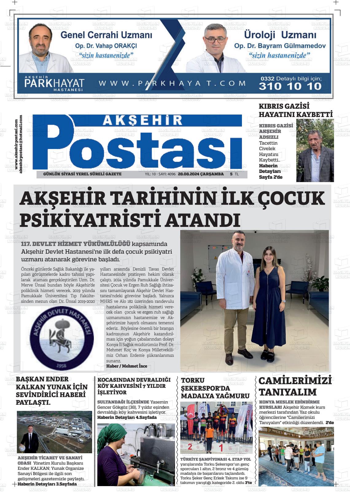 28 Ağustos 2024 Akşehir Postasi Gazete Manşeti