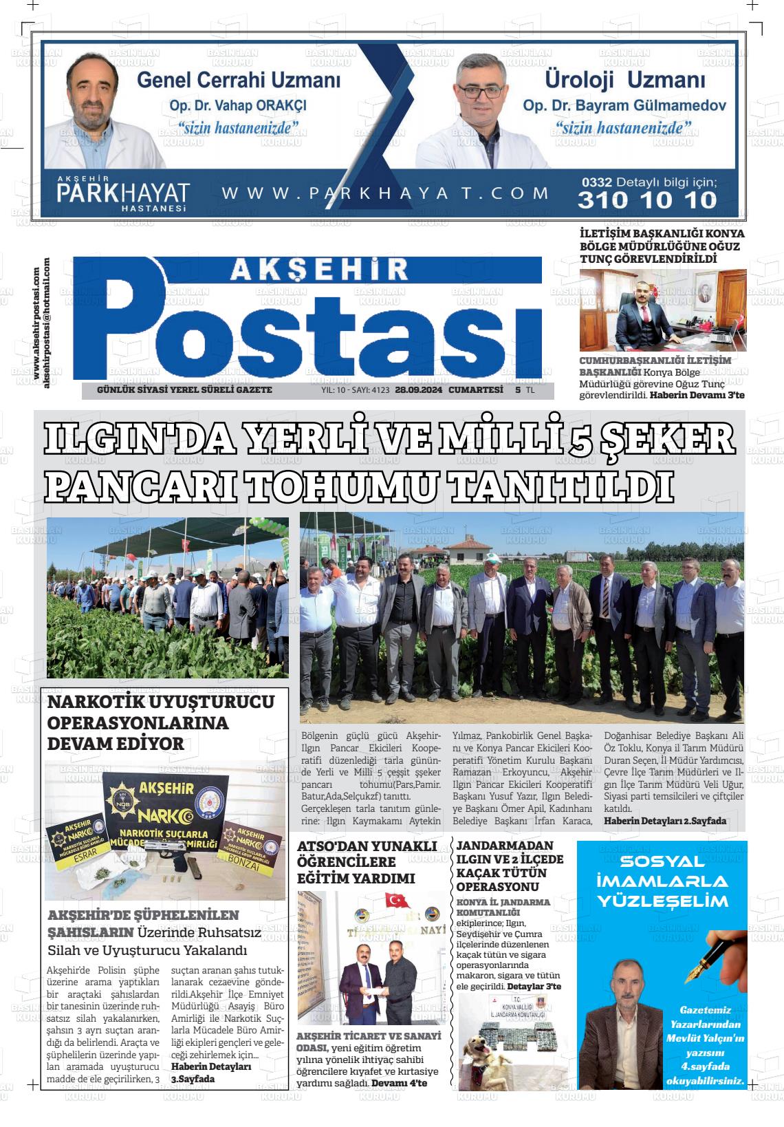 28 Eylül 2024 Akşehir Postasi Gazete Manşeti