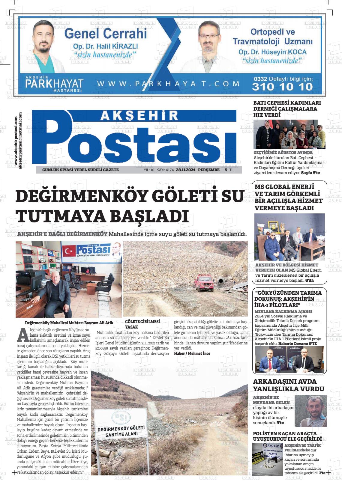 02 Aralık 2024 Akşehir Postasi Gazete Manşeti