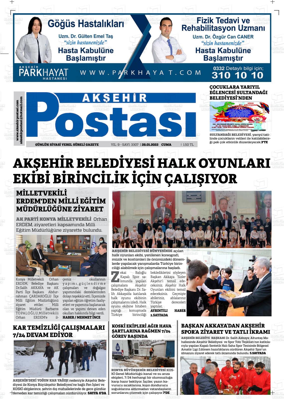 28 Ocak 2022 Akşehir Postasi Gazete Manşeti