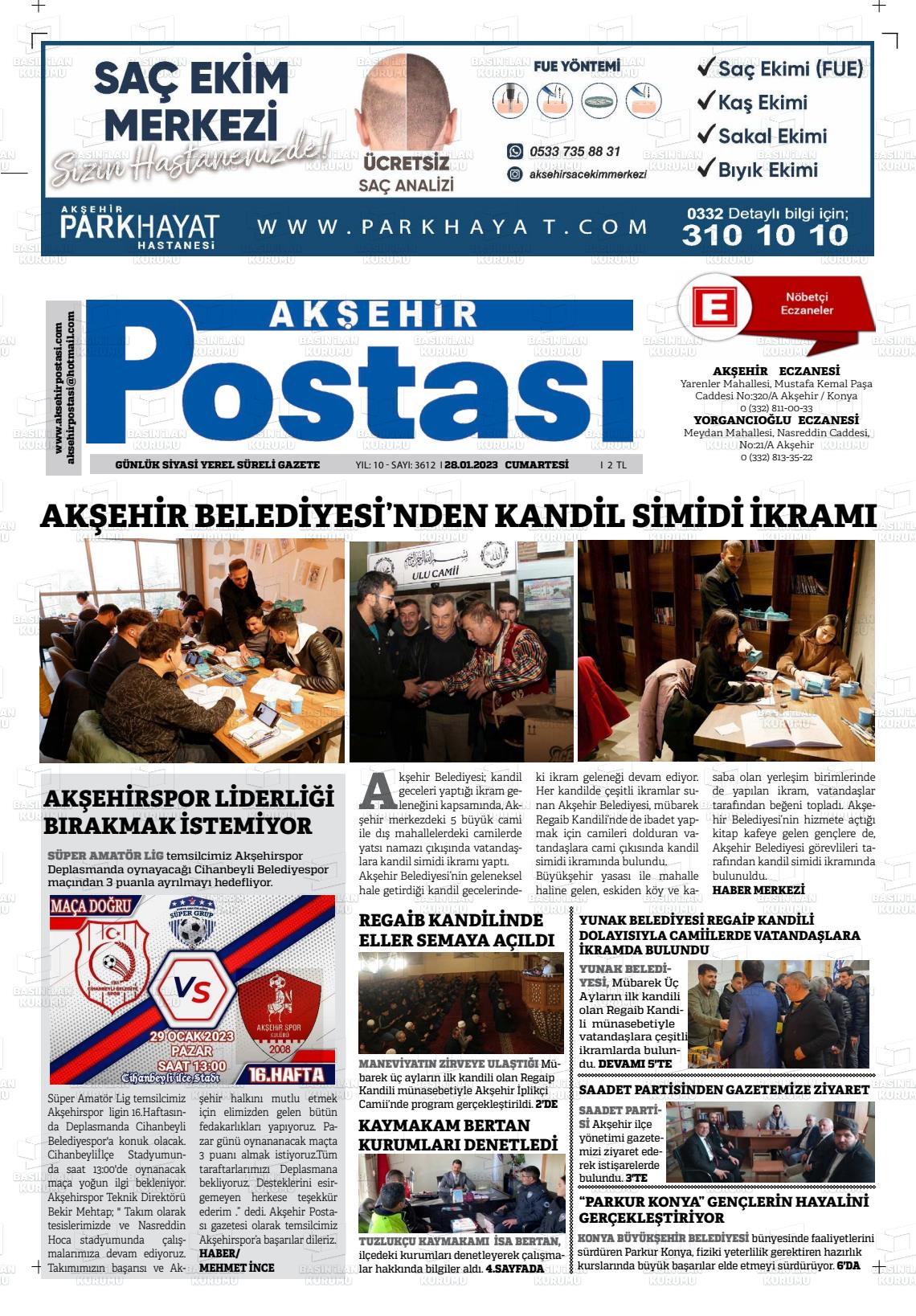 28 Ocak 2023 Akşehir Postasi Gazete Manşeti