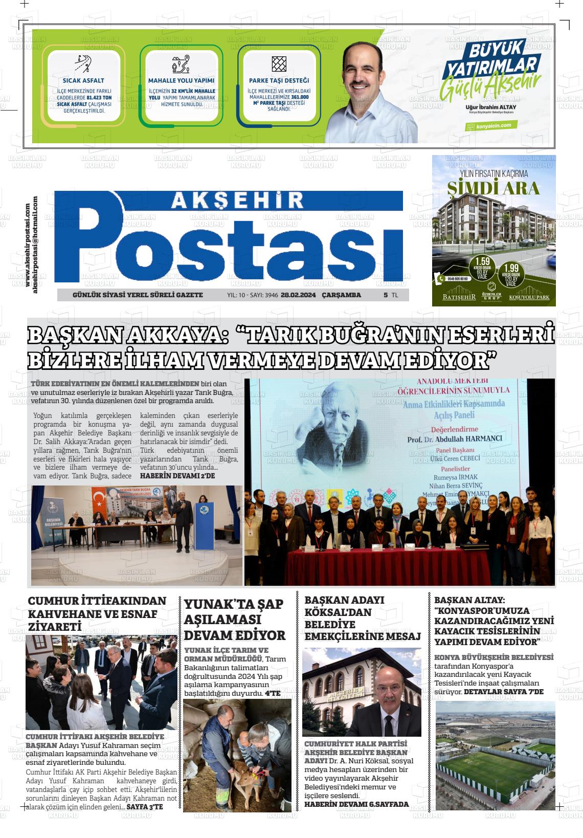 28 Şubat 2024 Akşehir Postasi Gazete Manşeti