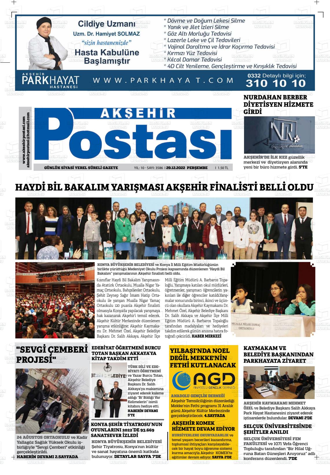 29 Aralık 2022 Akşehir Postasi Gazete Manşeti