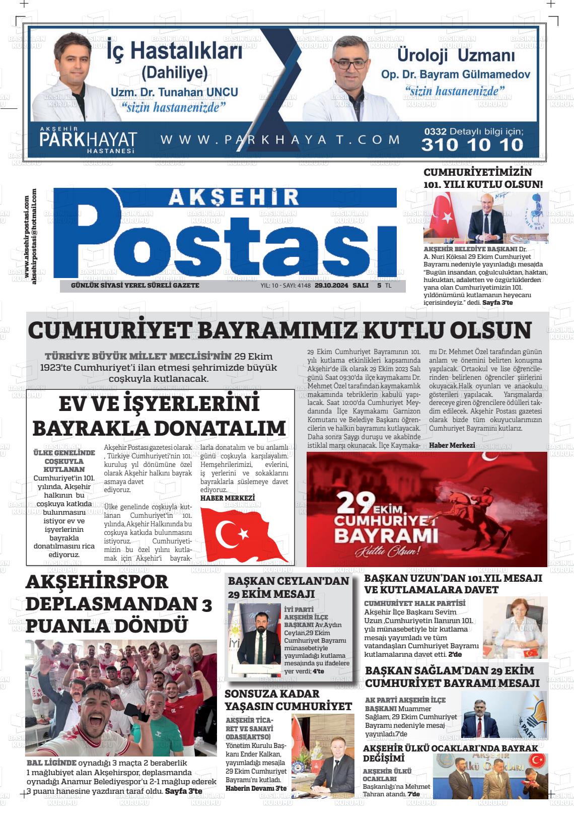 29 Ekim 2024 Akşehir Postasi Gazete Manşeti