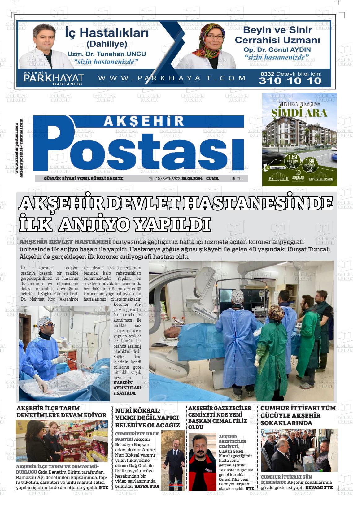 29 Mart 2024 Akşehir Postasi Gazete Manşeti