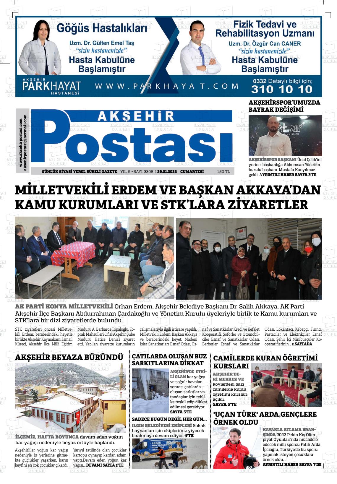 29 Ocak 2022 Akşehir Postasi Gazete Manşeti