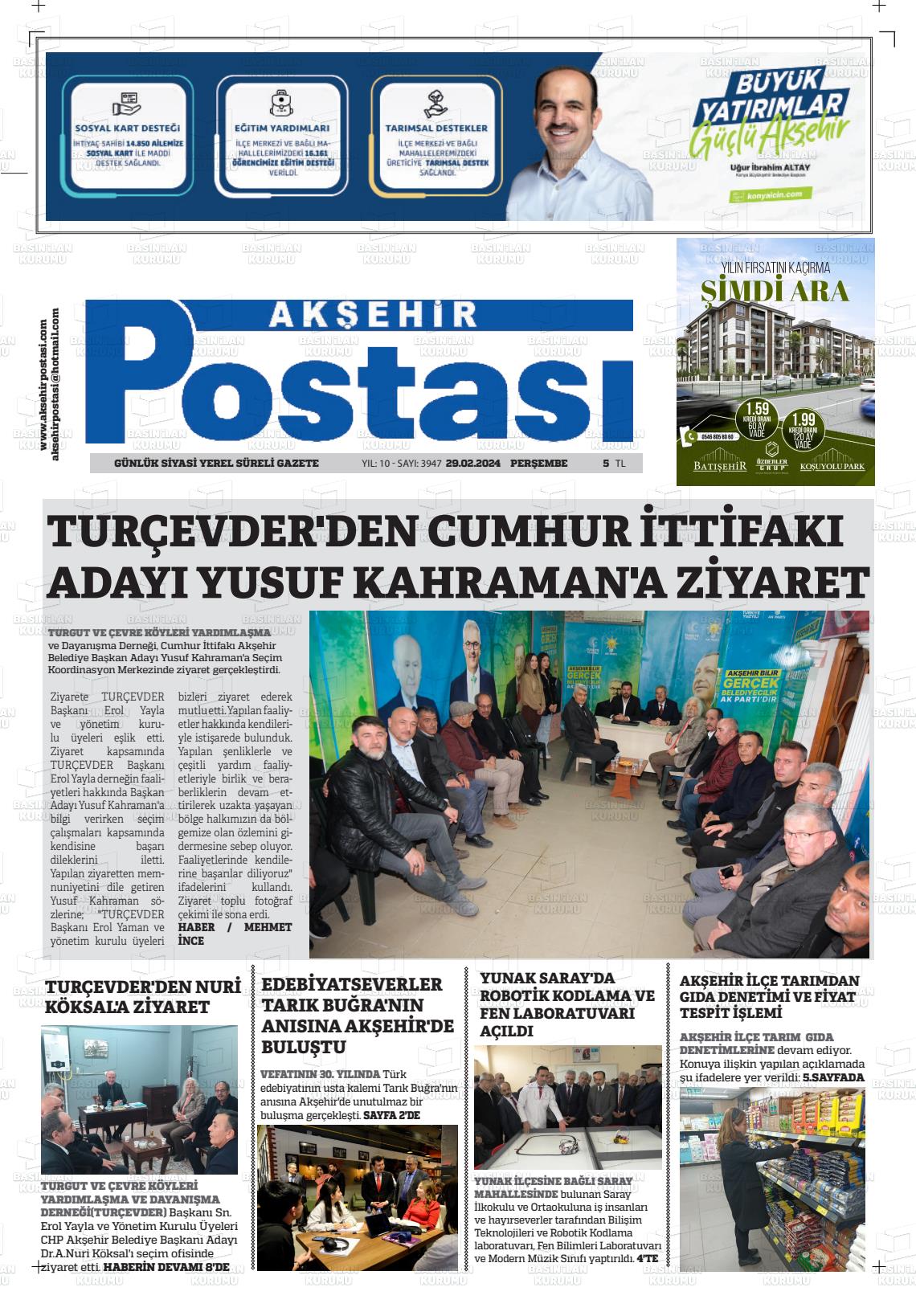 29 Şubat 2024 Akşehir Postasi Gazete Manşeti