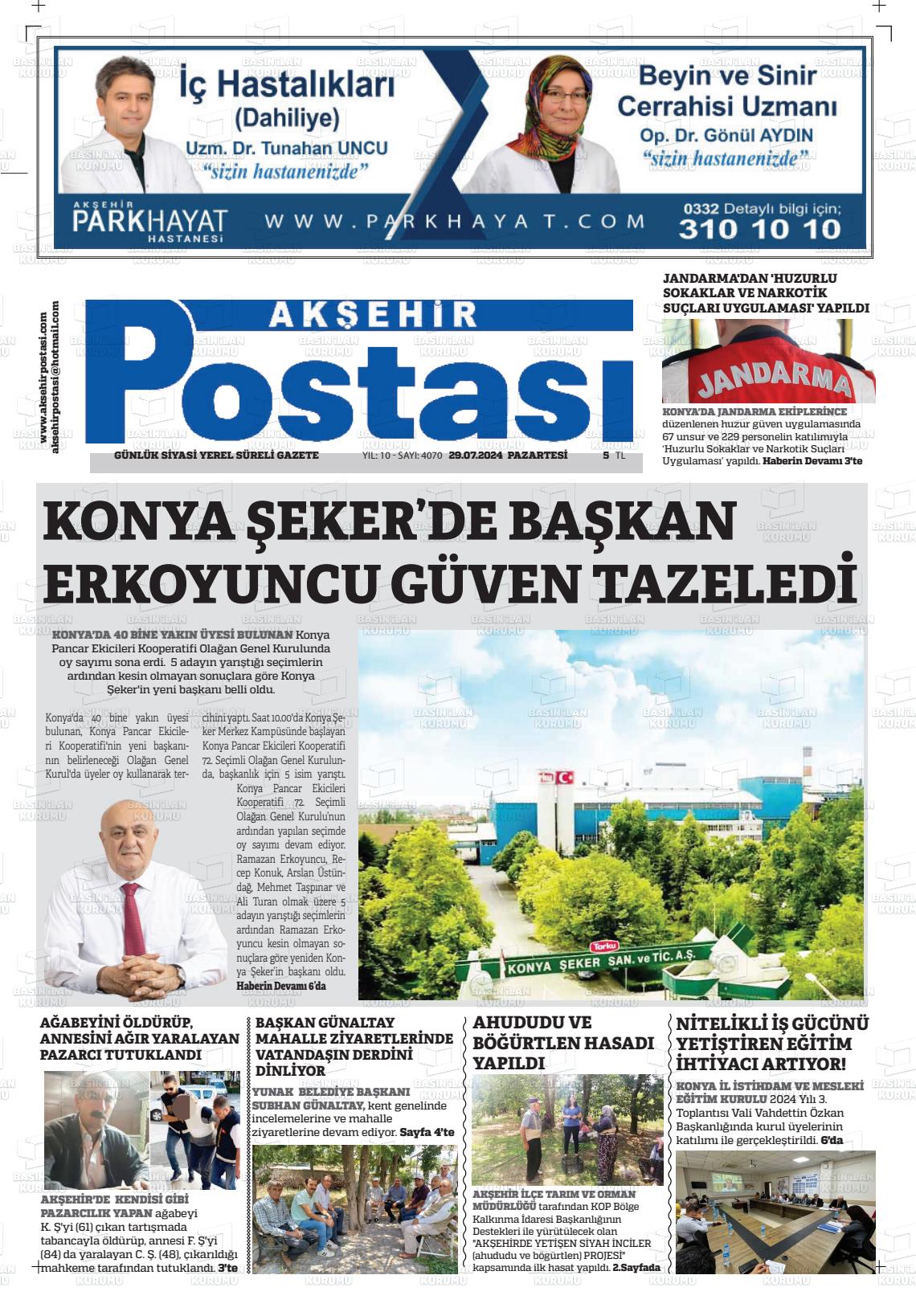 29 Temmuz 2024 Akşehir Postasi Gazete Manşeti