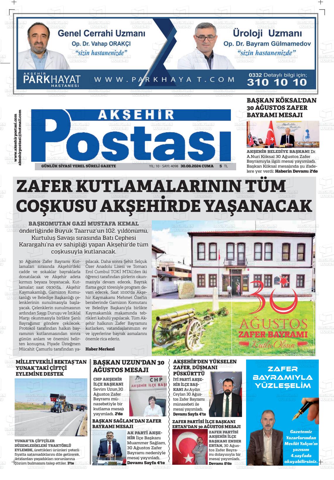 30 Ağustos 2024 Akşehir Postasi Gazete Manşeti