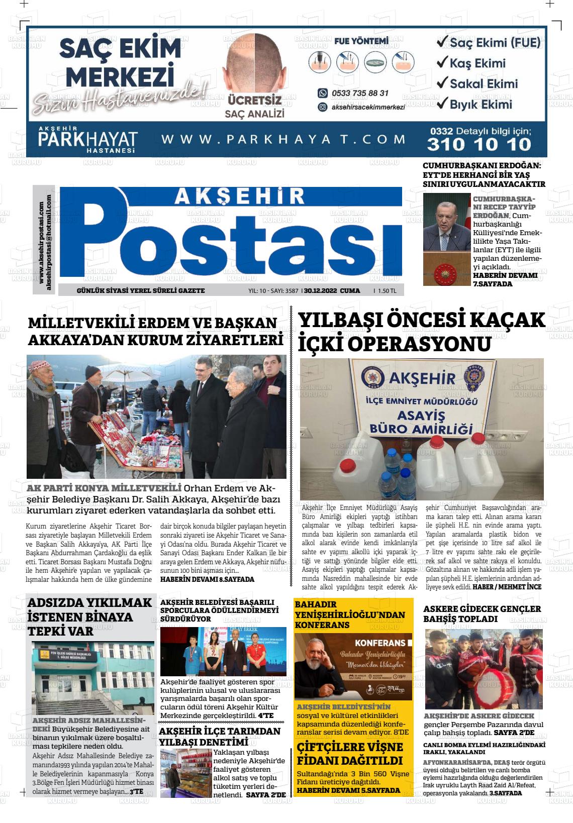 30 Aralık 2022 Akşehir Postasi Gazete Manşeti