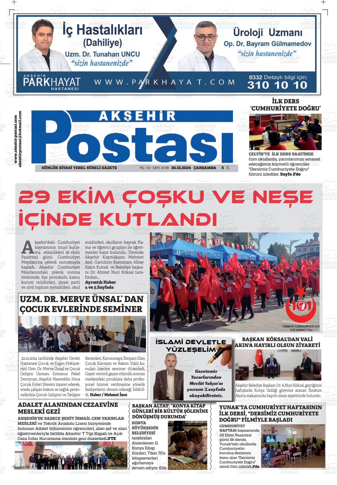 30 Ekim 2024 Akşehir Postasi Gazete Manşeti