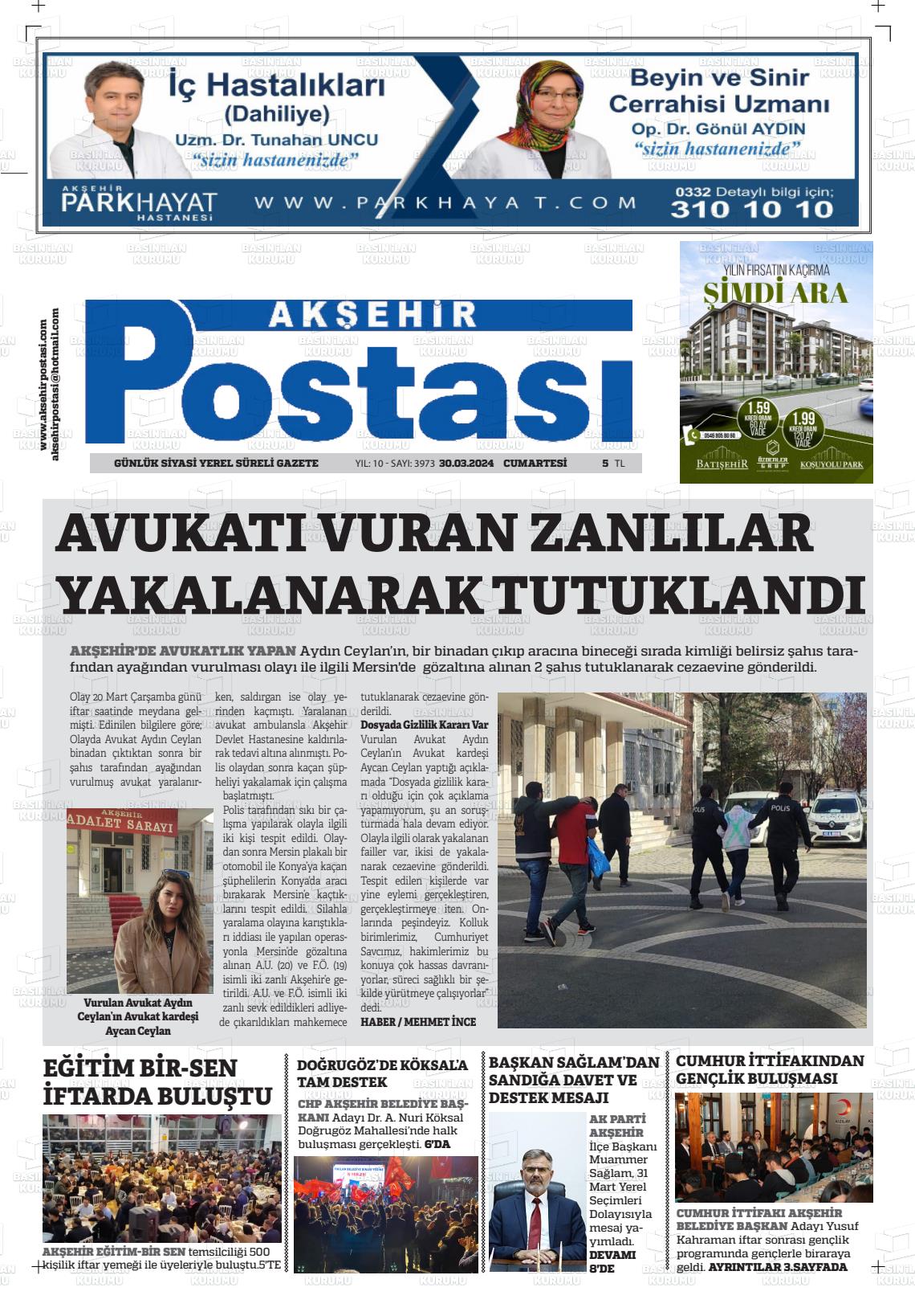 30 Mart 2024 Akşehir Postasi Gazete Manşeti