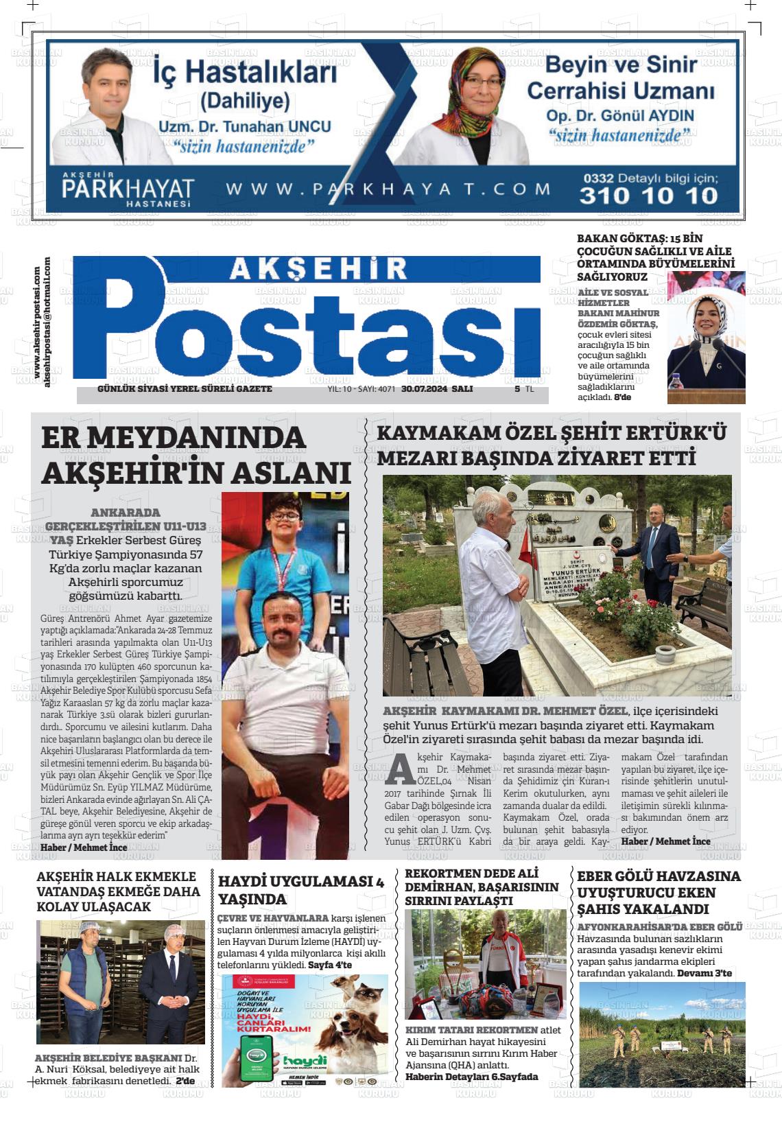 30 Temmuz 2024 Akşehir Postasi Gazete Manşeti