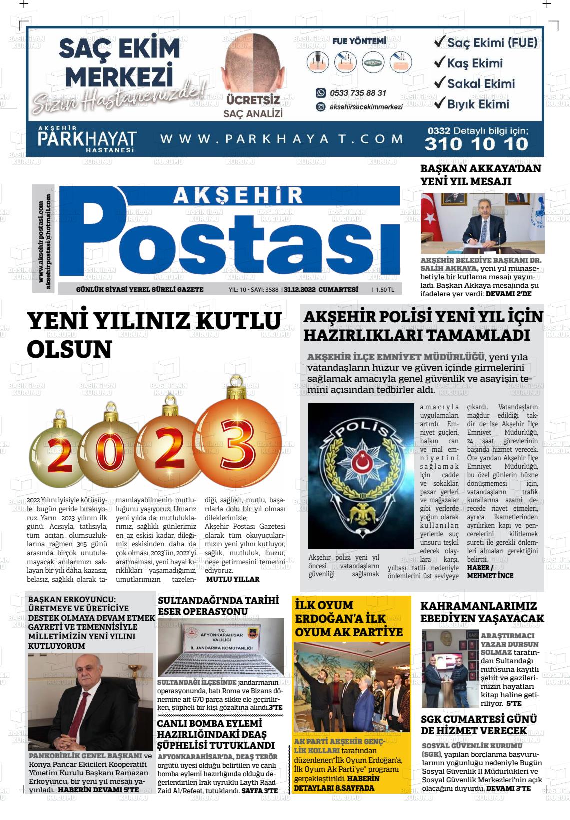 31 Aralık 2022 Akşehir Postasi Gazete Manşeti