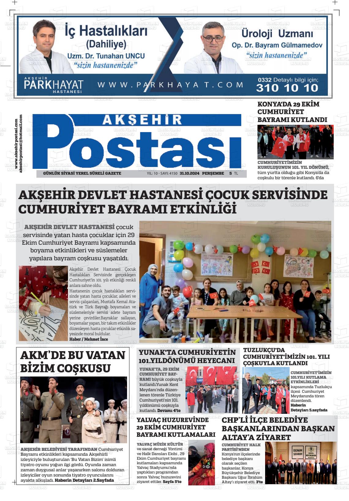 31 Ekim 2024 Akşehir Postasi Gazete Manşeti