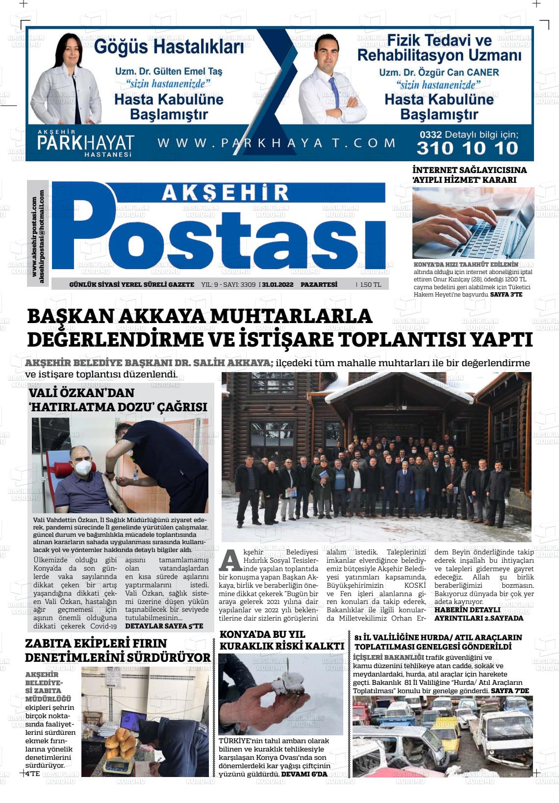 31 Ocak 2022 Akşehir Postasi Gazete Manşeti