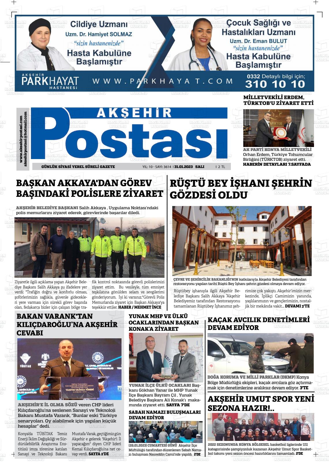 31 Mart 2023 Akşehir Postasi Gazete Manşeti