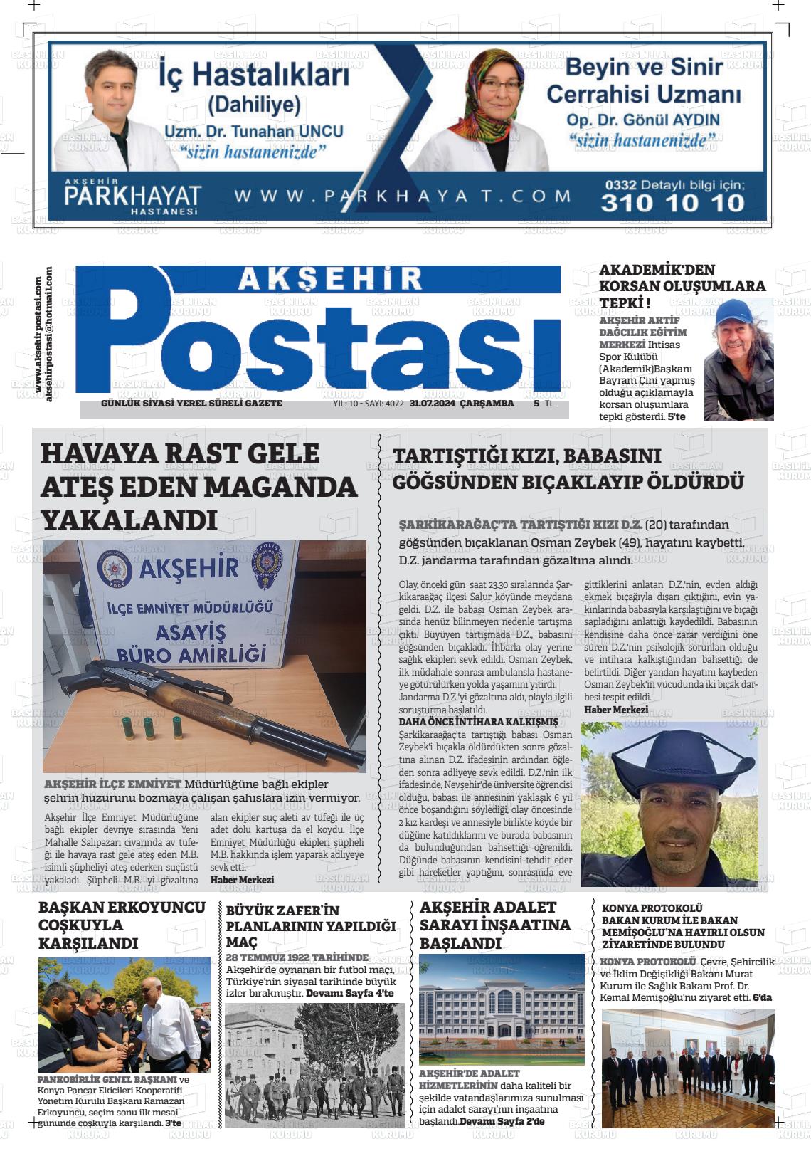 31 Temmuz 2024 Akşehir Postasi Gazete Manşeti