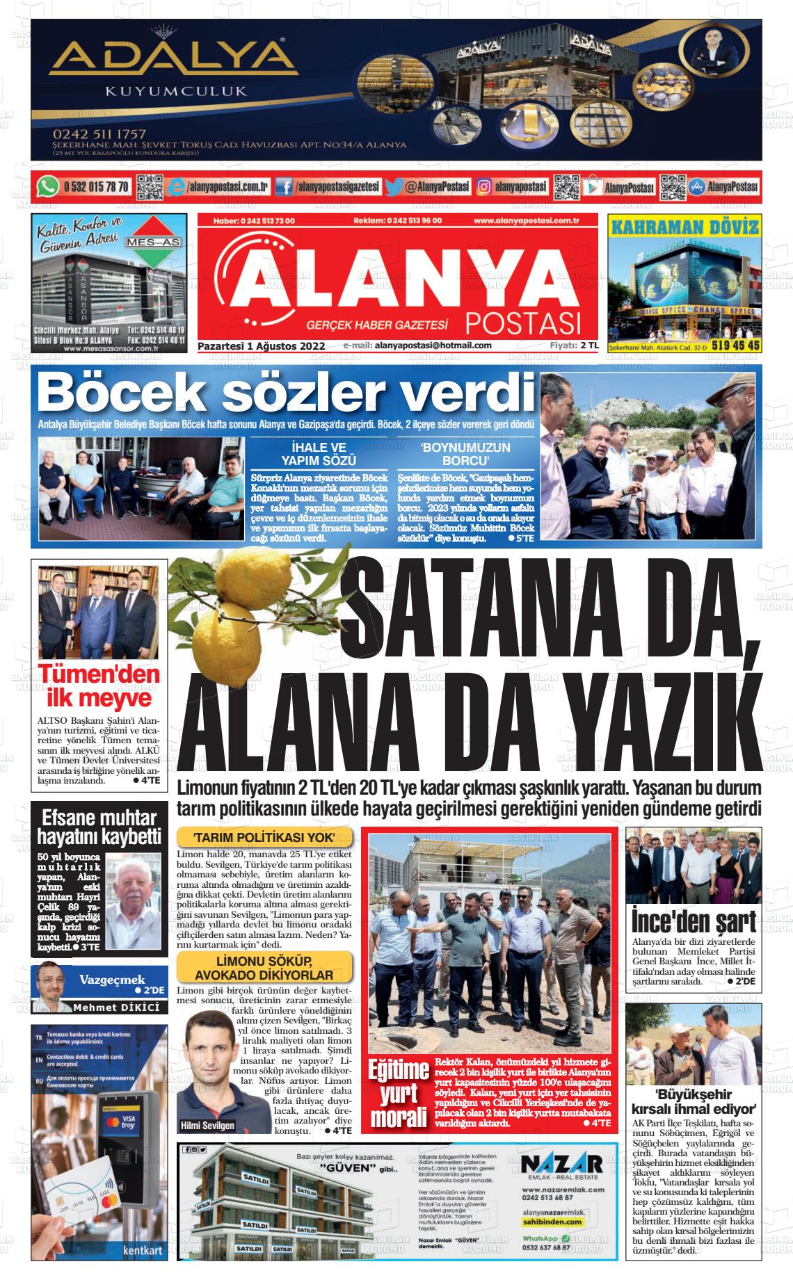 01 Ağustos 2022 Alanya Postası Gazete Manşeti