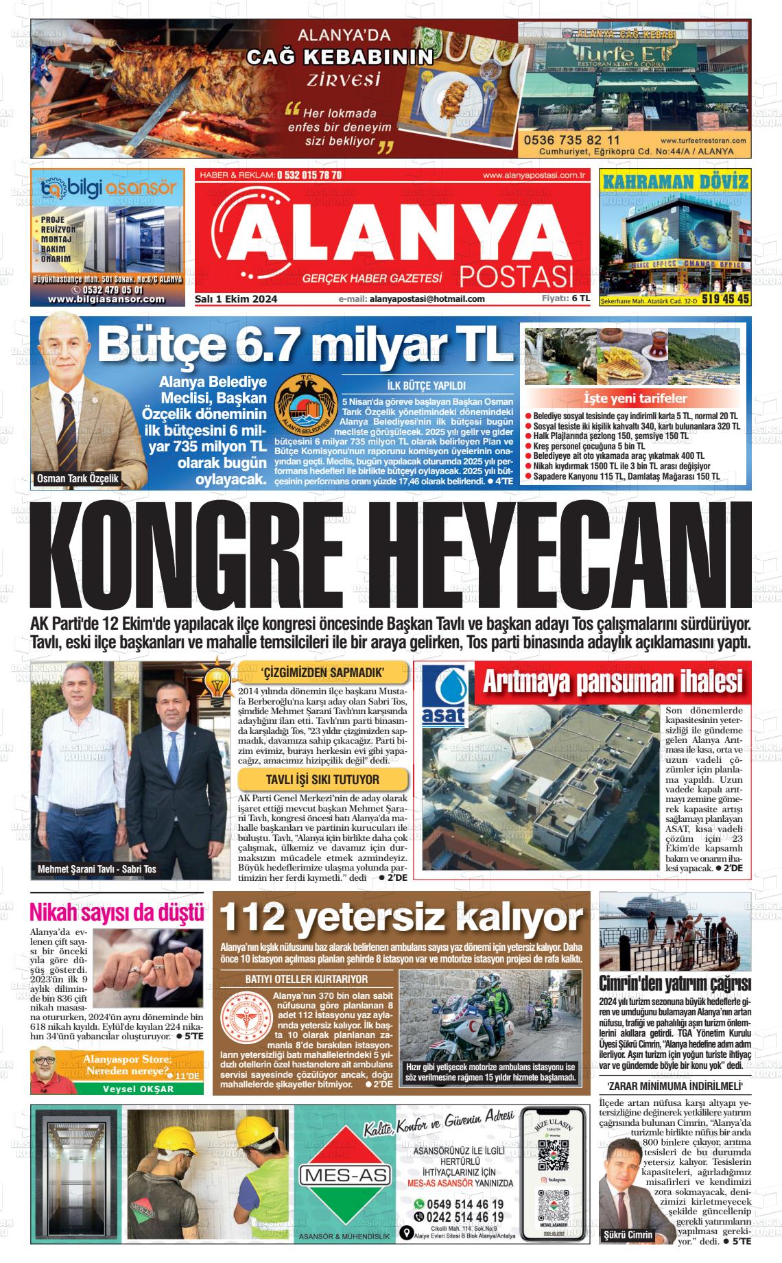 01 Ekim 2024 Alanya Postası Gazete Manşeti