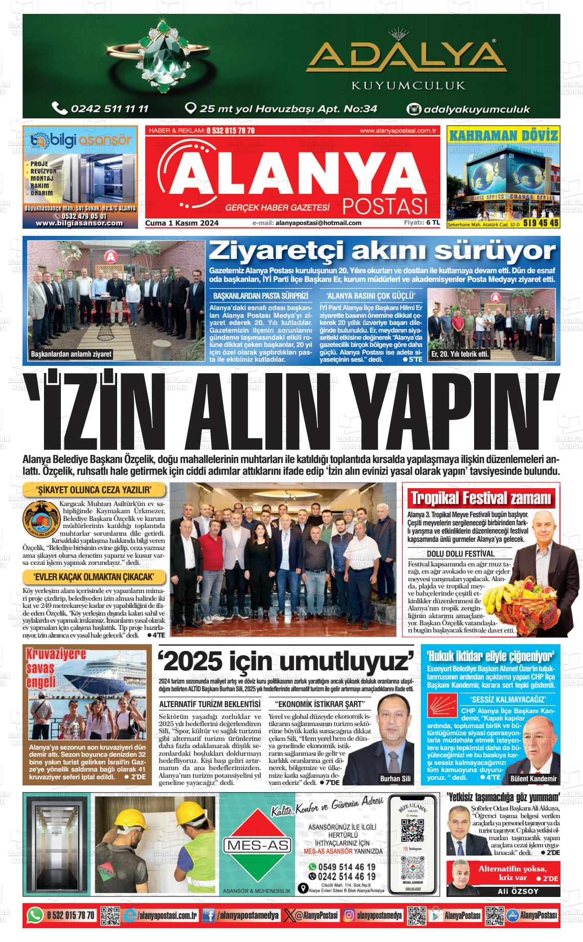 01 Kasım 2024 Alanya Postası Gazete Manşeti