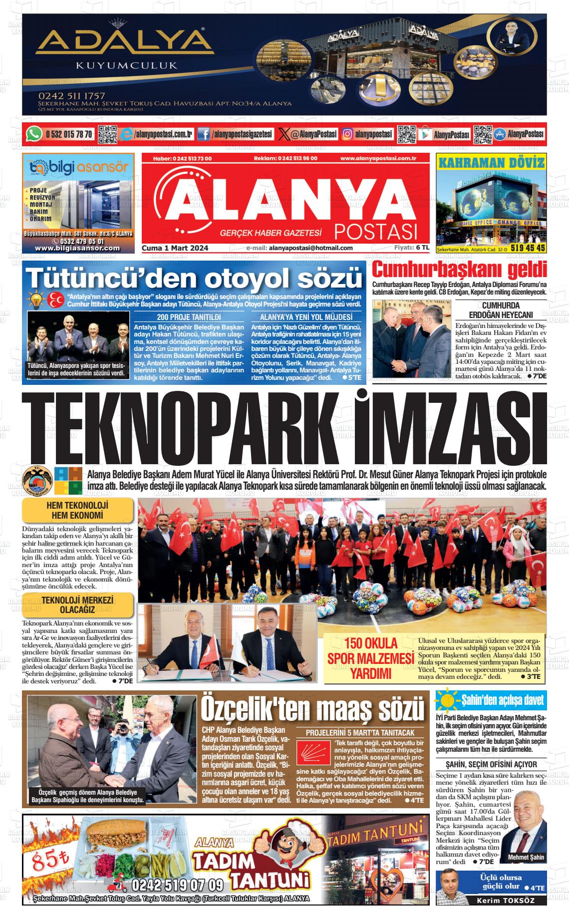 01 Mart 2024 Alanya Postası Gazete Manşeti