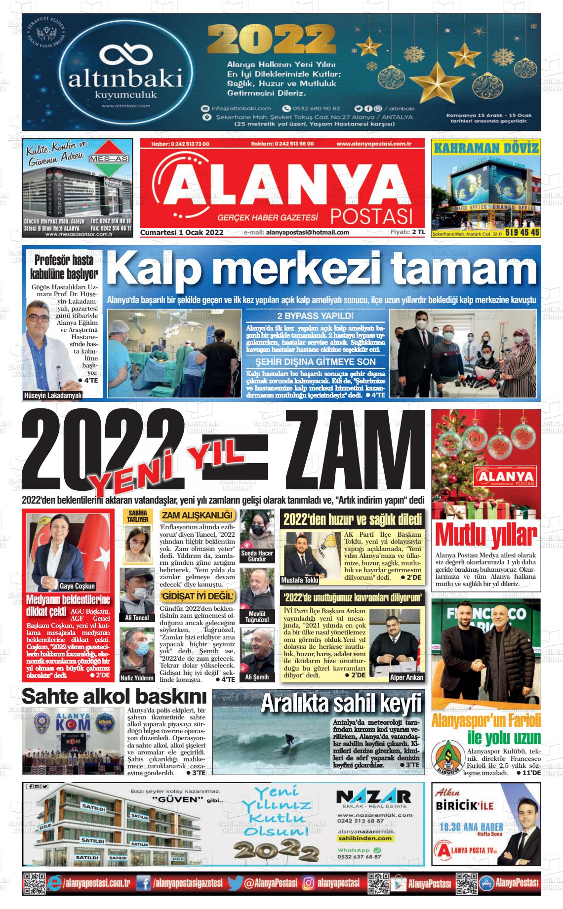 01 Ocak 2022 Alanya Postası Gazete Manşeti