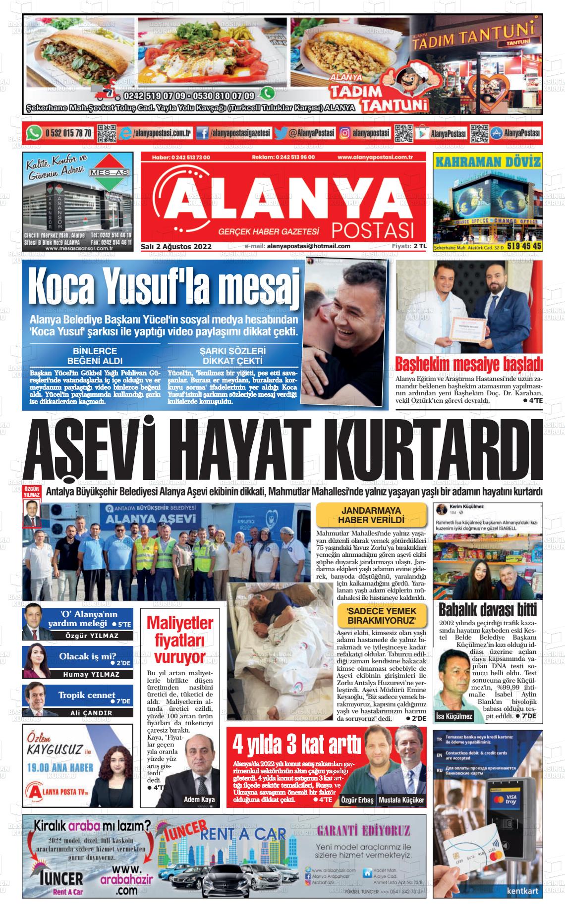 02 Ağustos 2022 Alanya Postası Gazete Manşeti