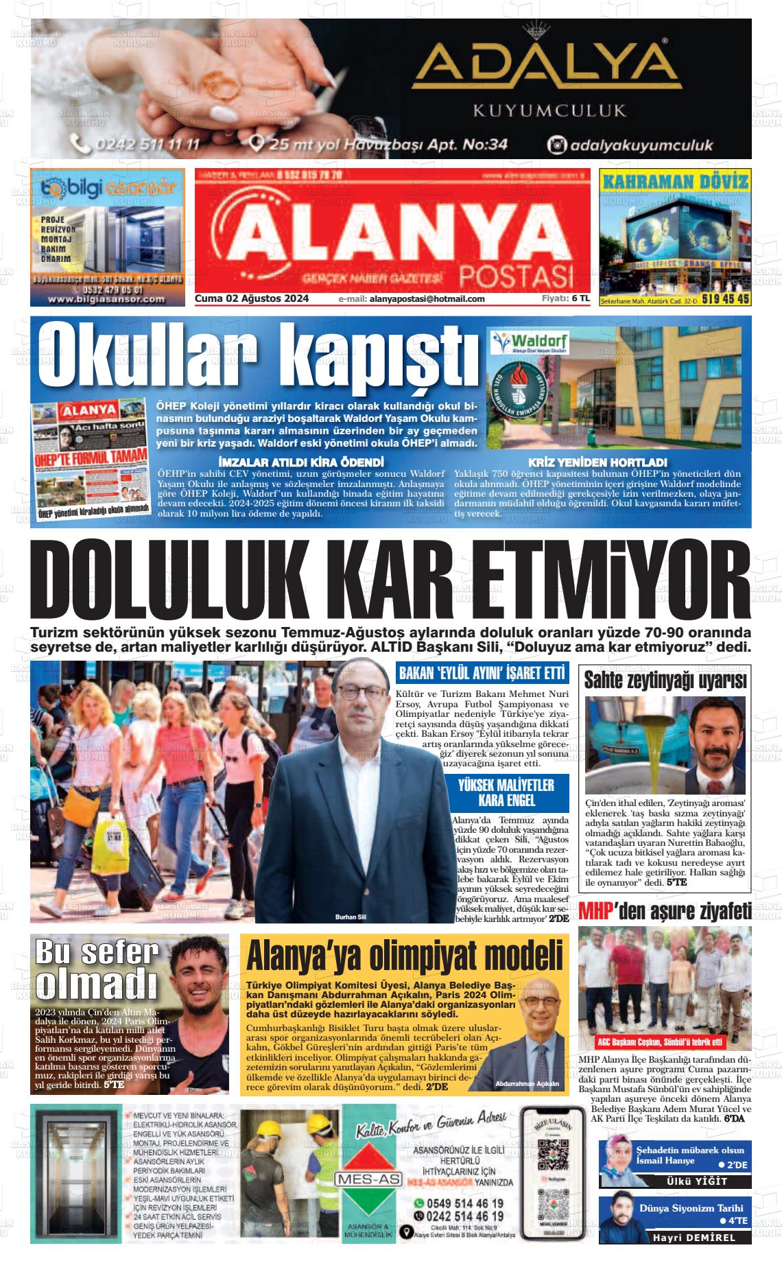 02 Ağustos 2024 Alanya Postası Gazete Manşeti