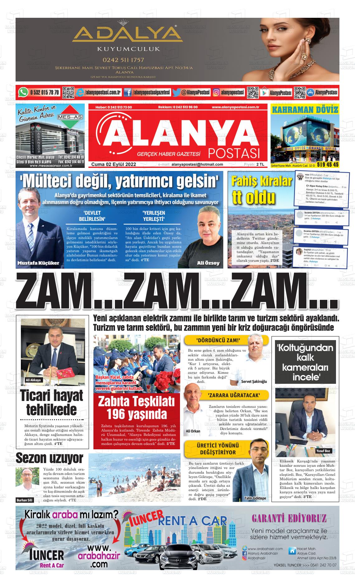 02 Eylül 2022 Alanya Postası Gazete Manşeti