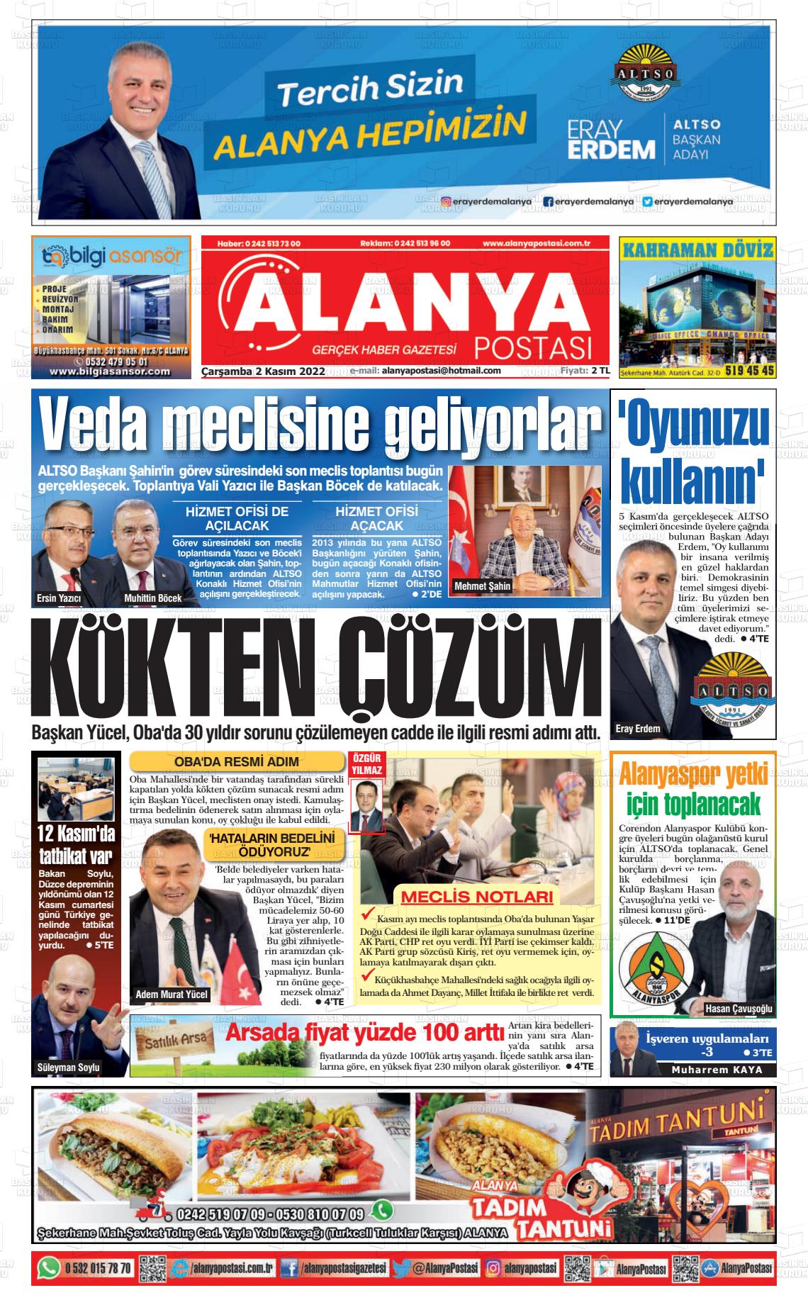 02 Kasım 2022 Alanya Postası Gazete Manşeti