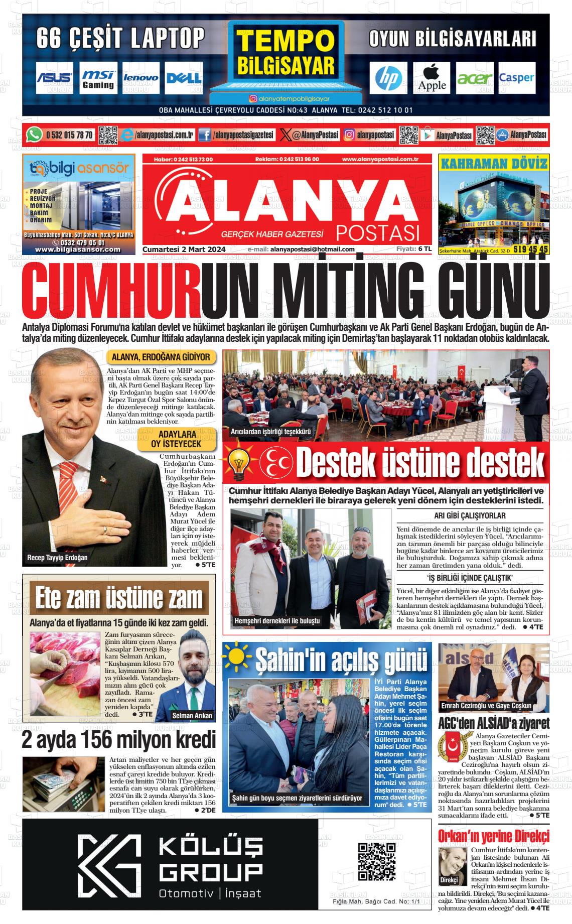 02 Mart 2024 Alanya Postası Gazete Manşeti