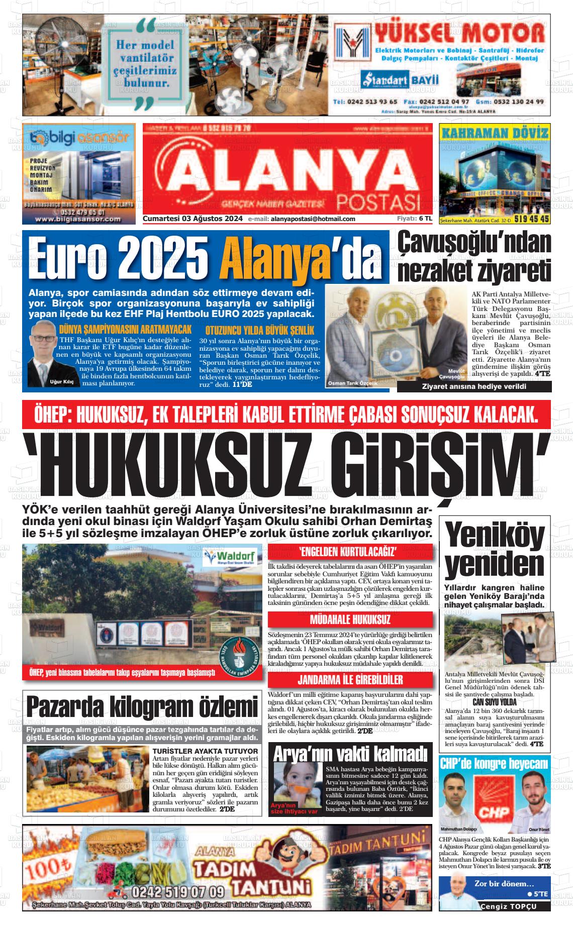 03 Ağustos 2024 Alanya Postası Gazete Manşeti