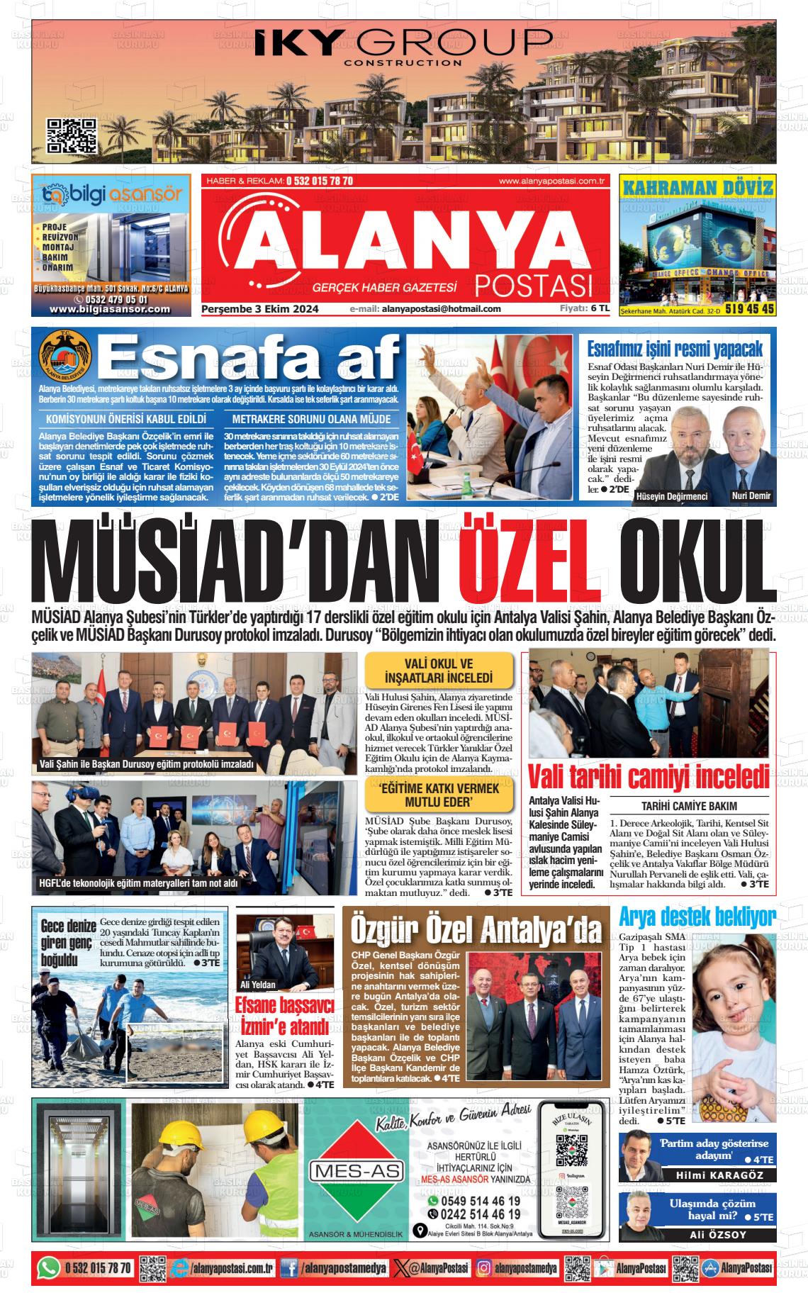 03 Ekim 2024 Alanya Postası Gazete Manşeti