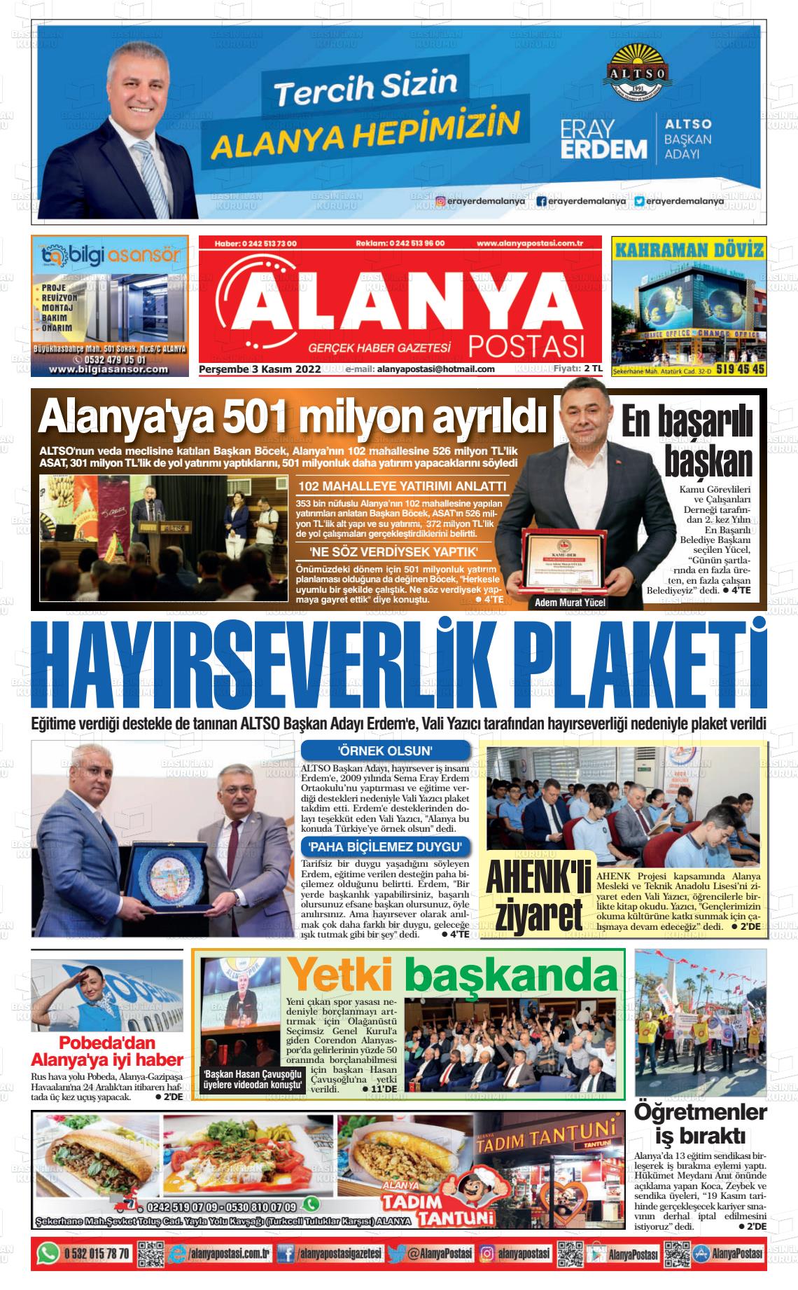 03 Kasım 2022 Alanya Postası Gazete Manşeti