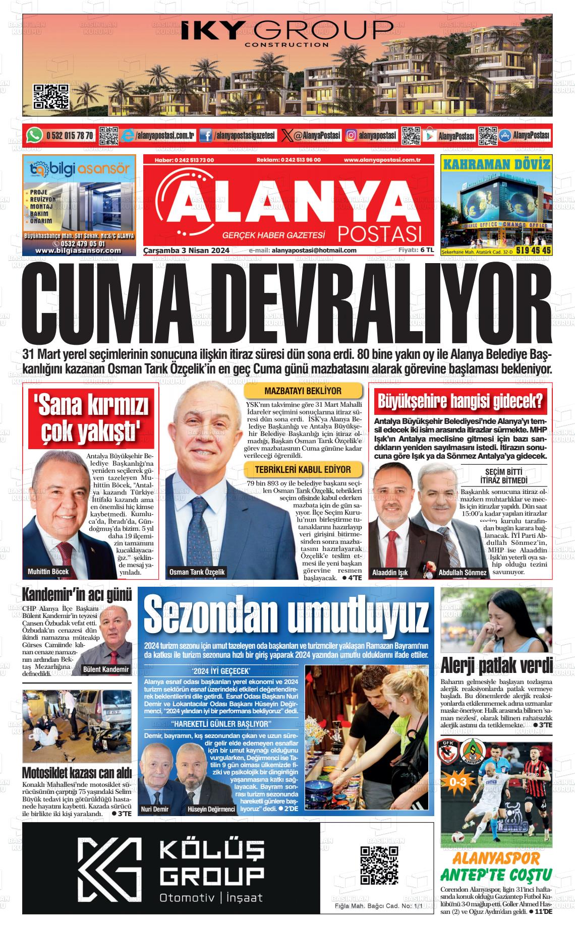 03 Nisan 2024 Alanya Postası Gazete Manşeti