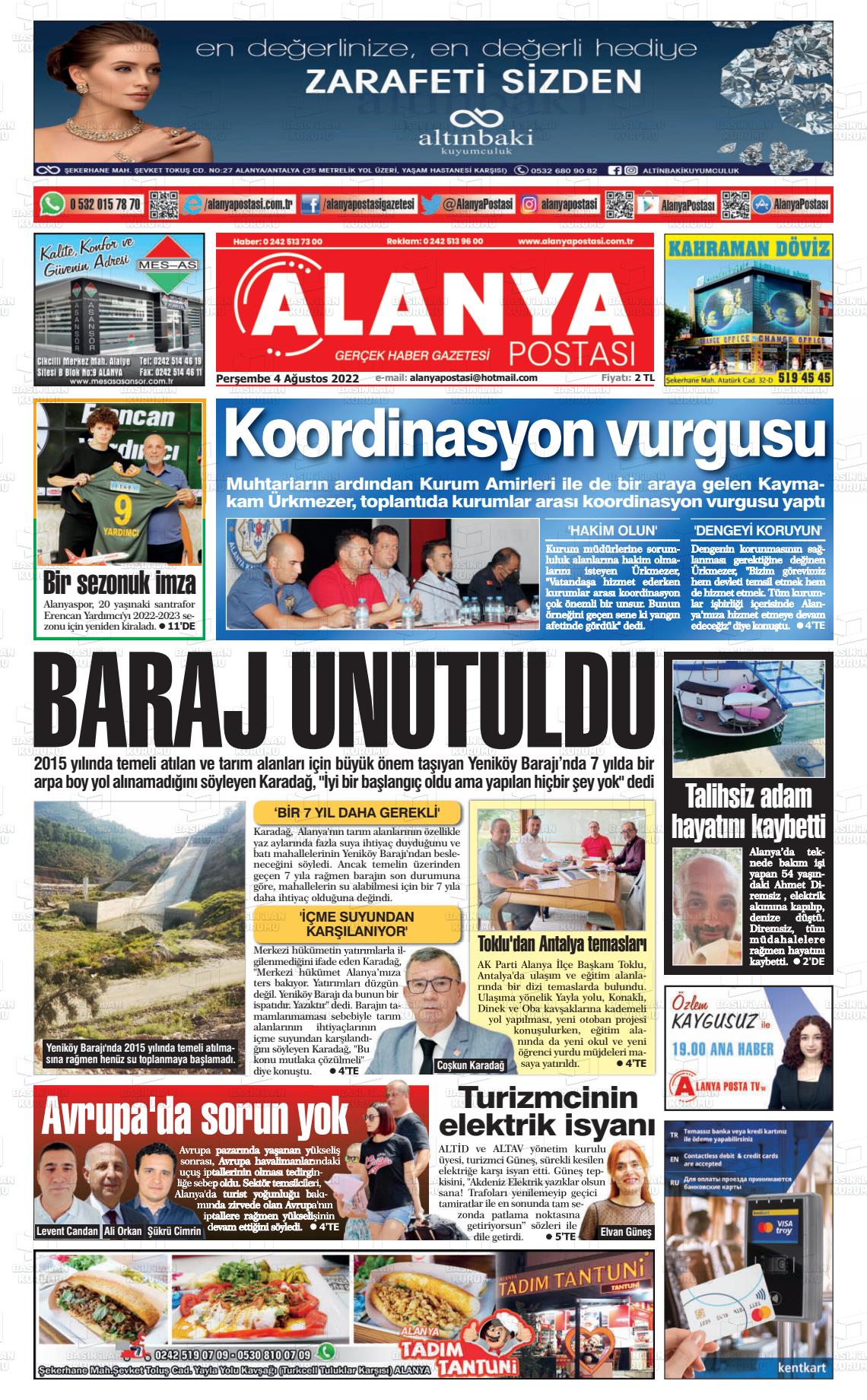 04 Ağustos 2022 Alanya Postası Gazete Manşeti